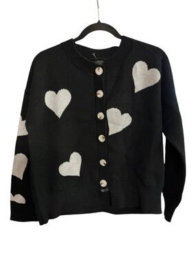 Context Black Cardigan with White Heart Pattern